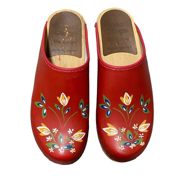 Olsson Shoes - Olsson Clogs De Luxe Wooden Clog Red Hand Painted Leather Size EU 36 US 6 6.5